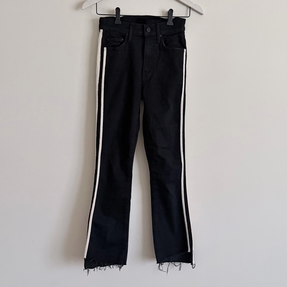 MOTHER Insider Crop Step Fray Jeans Women's Size 24 Black Striped Leg Raw Hem